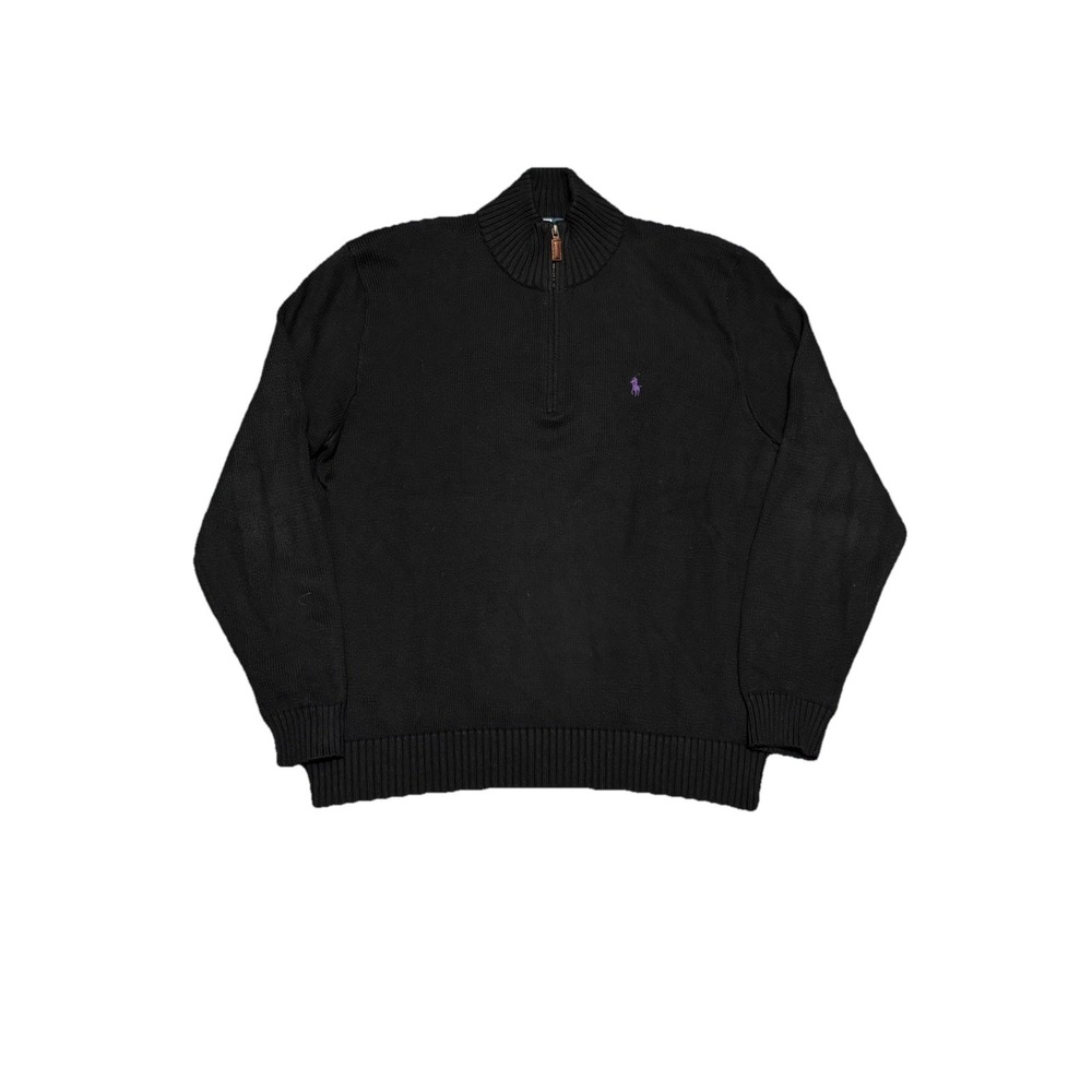 Polo Ralph Lauren Sweater Mens Large Black Tight Knit Quarter Zip Mock Neck Logo